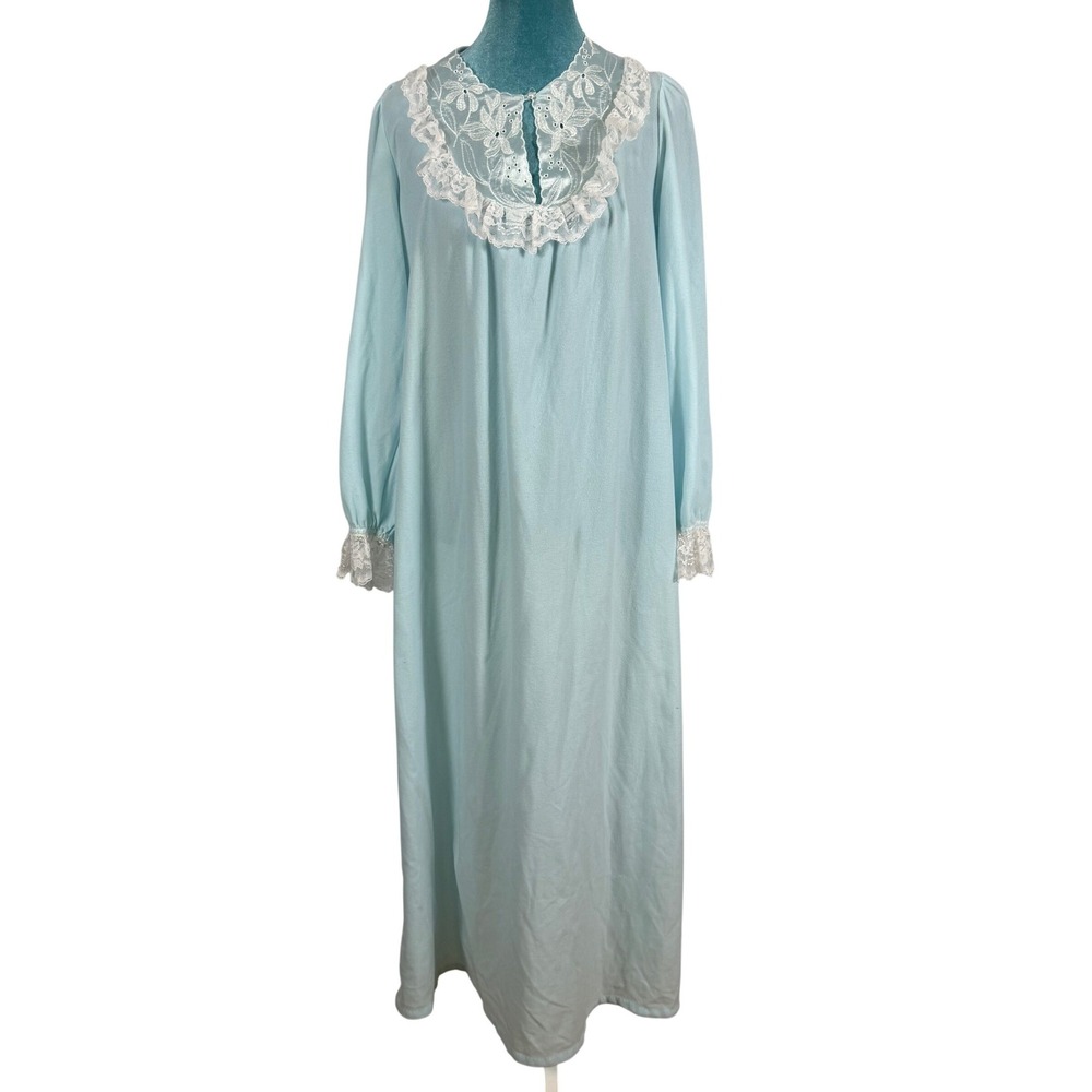 Vintage Gilligan O'Malley Blue Nightgown Lace Eyelet Long Sleeve M Grandmacore